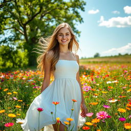 A young woman standing in a vibrant field of wildflowers, wearing a flowing white dress that gently sways in the breeze