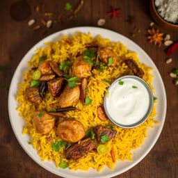 A beautifully arranged plate of biryani, featuring vibrant yellow rice infused with saffron and aromatic spices, garnished with green cilantro and fried onions