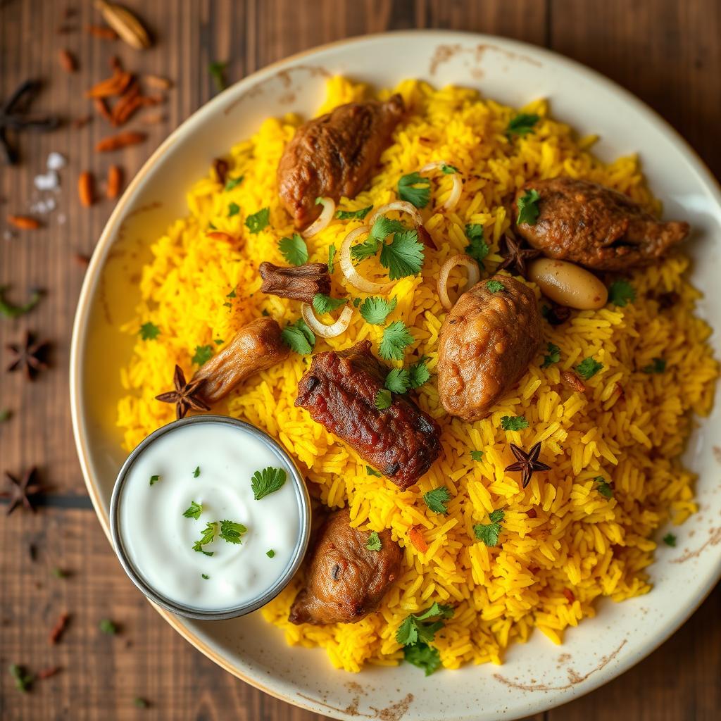 A beautifully arranged plate of biryani, featuring vibrant yellow rice infused with saffron and aromatic spices, garnished with green cilantro and fried onions
