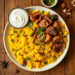 A beautifully arranged plate of biryani, featuring vibrant yellow rice infused with saffron and aromatic spices, garnished with green cilantro and fried onions