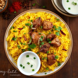 A beautifully arranged plate of biryani, featuring vibrant yellow rice infused with saffron and aromatic spices, garnished with green cilantro and fried onions