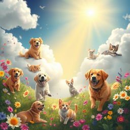 A whimsical and ethereal scene depicting joyful dogs and cats in a vibrant and serene heaven