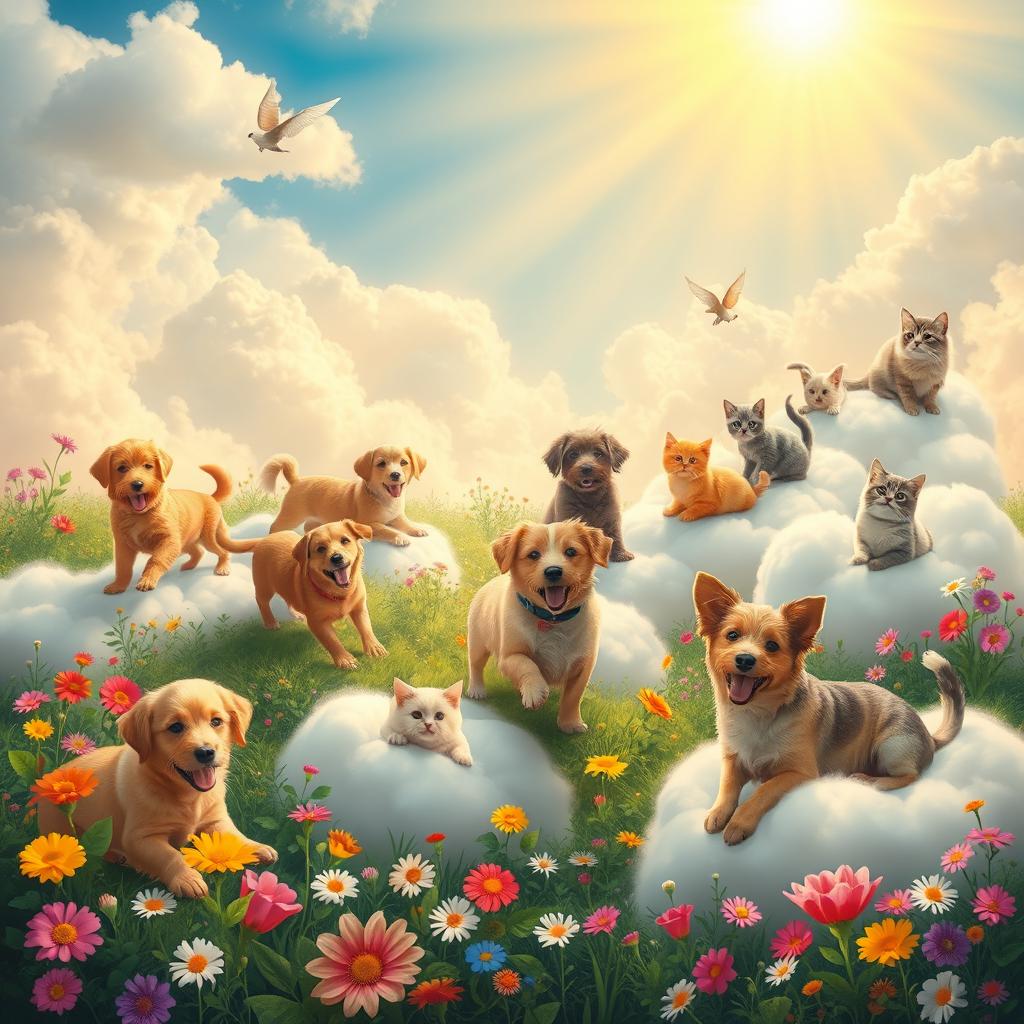 A whimsical and ethereal scene depicting joyful dogs and cats in a vibrant and serene heaven