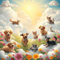 A whimsical and ethereal scene depicting joyful dogs and cats in a vibrant and serene heaven