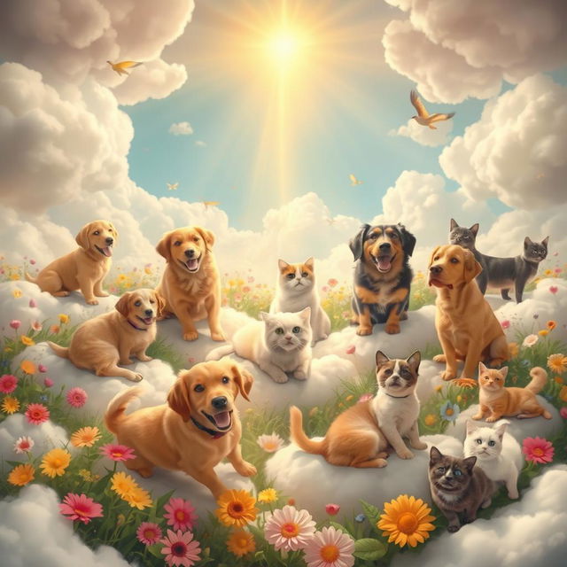 A whimsical and ethereal scene depicting joyful dogs and cats in a vibrant and serene heaven