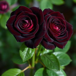 Two beautiful dark brown roses, showcasing their velvety petals with intricate details and lush green leaves surrounding them