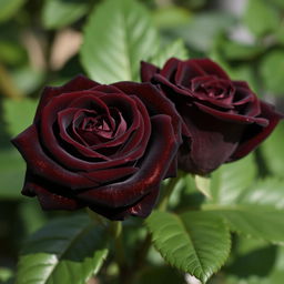 Two beautiful dark brown roses, showcasing their velvety petals with intricate details and lush green leaves surrounding them