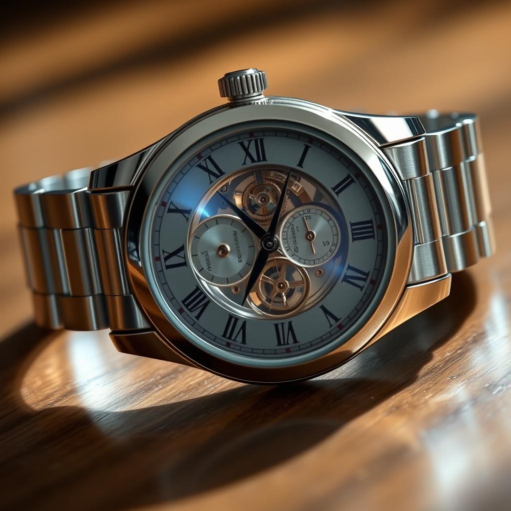 A detailed and elegant wristwatch with a silver stainless steel band, featuring a classic round face, intricate clockwork visible through a transparent back, Roman numerals marking the hours, and a subtle shimmering blue dial that reflects light beautifully