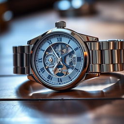 A detailed and elegant wristwatch with a silver stainless steel band, featuring a classic round face, intricate clockwork visible through a transparent back, Roman numerals marking the hours, and a subtle shimmering blue dial that reflects light beautifully