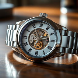 A detailed and elegant wristwatch with a silver stainless steel band, featuring a classic round face, intricate clockwork visible through a transparent back, Roman numerals marking the hours, and a subtle shimmering blue dial that reflects light beautifully