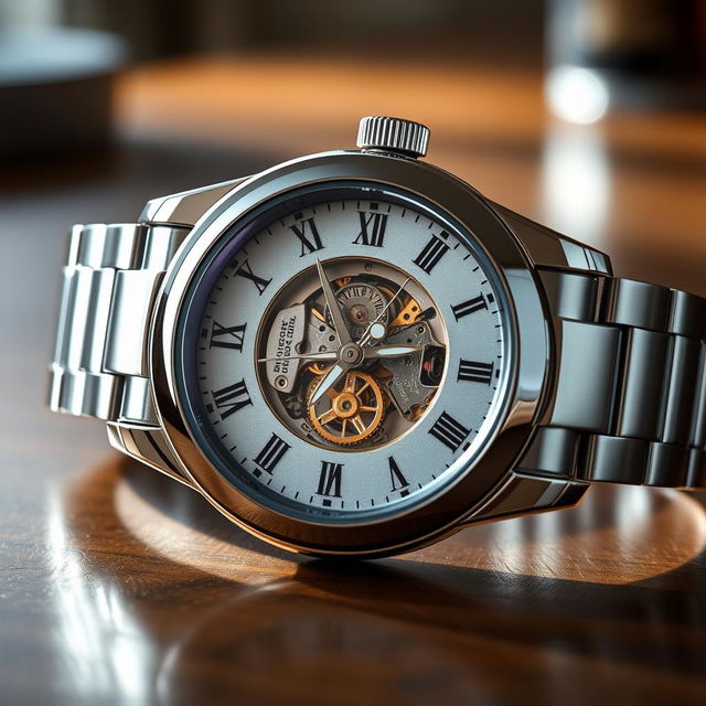A detailed and elegant wristwatch with a silver stainless steel band, featuring a classic round face, intricate clockwork visible through a transparent back, Roman numerals marking the hours, and a subtle shimmering blue dial that reflects light beautifully