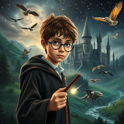 A magical scene capturing the essence of a wizarding world, featuring a young, determined wizard with round glasses and a lightning-shaped scar on his forehead, wearing a school robe and holding a wand