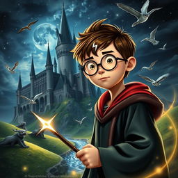 A magical scene capturing the essence of a wizarding world, featuring a young, determined wizard with round glasses and a lightning-shaped scar on his forehead, wearing a school robe and holding a wand