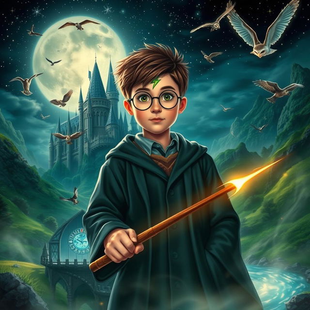 A magical scene capturing the essence of a wizarding world, featuring a young, determined wizard with round glasses and a lightning-shaped scar on his forehead, wearing a school robe and holding a wand