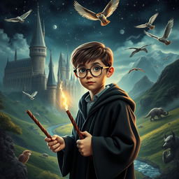 A magical scene capturing the essence of a wizarding world, featuring a young, determined wizard with round glasses and a lightning-shaped scar on his forehead, wearing a school robe and holding a wand