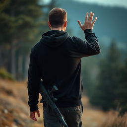 A man in a casual black hoodie walking away, waving over his shoulder, with his back facing the camera