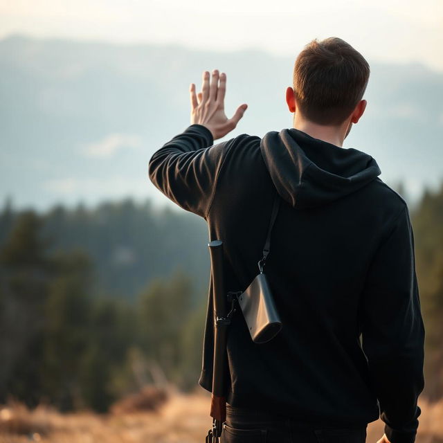 A man in a casual black hoodie walking away, waving over his shoulder, with his back facing the camera