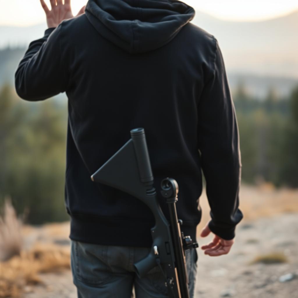 A man in a casual black hoodie walking away, waving over his shoulder, with his back facing the camera