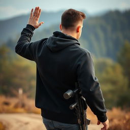 A man in a casual black hoodie walking away, waving over his shoulder, with his back facing the camera