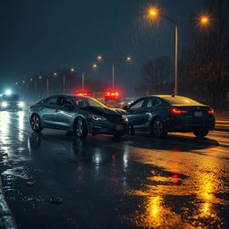 A dramatic scene depicting a car accident on a wet, rainy night