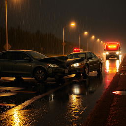 A dramatic scene depicting a car accident on a wet, rainy night