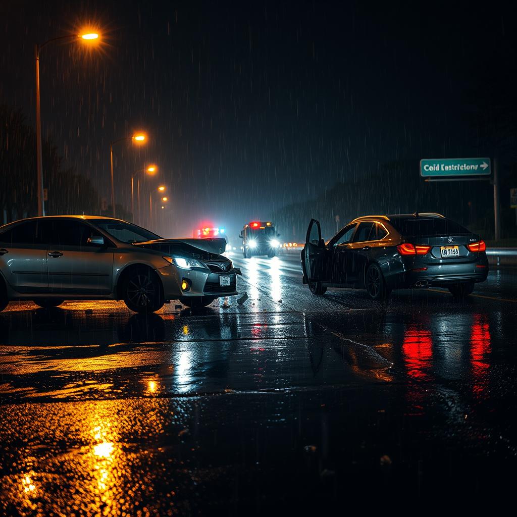 A dramatic scene depicting a car accident on a wet, rainy night