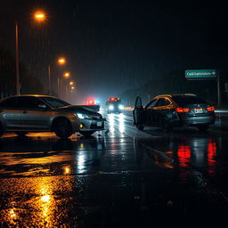 A dramatic scene depicting a car accident on a wet, rainy night