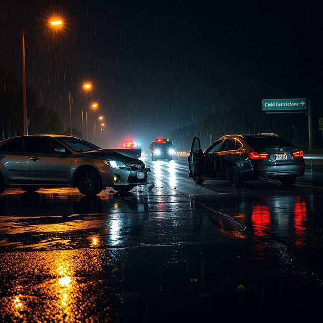 A dramatic scene depicting a car accident on a wet, rainy night