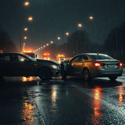 A dramatic scene depicting a car accident on a wet, rainy night