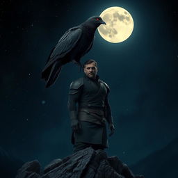 A large, menacing black wild pigeon with glowing red eyes perched ominously on the head of a man standing on a rocky ledge