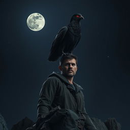 A large, menacing black wild pigeon with glowing red eyes perched ominously on the head of a man standing on a rocky ledge