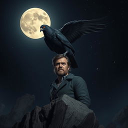 A large, menacing black wild pigeon with glowing red eyes perched ominously on the head of a man standing on a rocky ledge