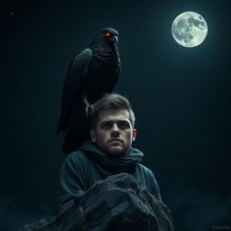 A large, menacing black wild pigeon with glowing red eyes perched ominously on the head of a man standing on a rocky ledge