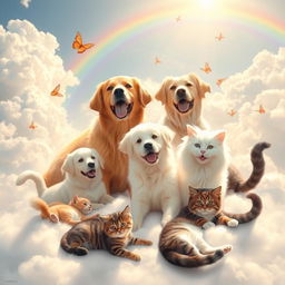 A serene and peaceful depiction of dogs and cats in a heavenly setting, showcasing various breeds of dogs and cats including a golden retriever, a fluffy white Persian cat, and a playful tabby cat
