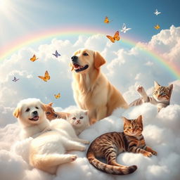 A serene and peaceful depiction of dogs and cats in a heavenly setting, showcasing various breeds of dogs and cats including a golden retriever, a fluffy white Persian cat, and a playful tabby cat