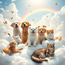 A serene and peaceful depiction of dogs and cats in a heavenly setting, showcasing various breeds of dogs and cats including a golden retriever, a fluffy white Persian cat, and a playful tabby cat