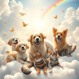 A serene and peaceful depiction of dogs and cats in a heavenly setting, showcasing various breeds of dogs and cats including a golden retriever, a fluffy white Persian cat, and a playful tabby cat