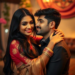 A beautiful Indian woman with long black hair and a warm smile, wearing elegant traditional attire, embracing her attractive partner in a romantic setting