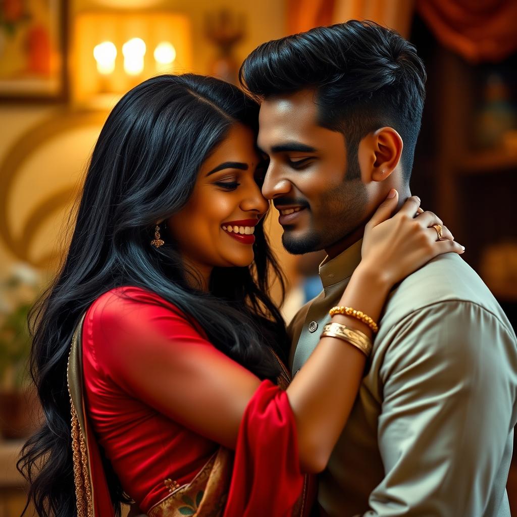 A beautiful Indian woman with long black hair and a warm smile, wearing elegant traditional attire, embracing her attractive partner in a romantic setting