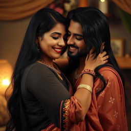 A beautiful Indian woman with long black hair and a warm smile, wearing elegant traditional attire, embracing her attractive partner in a romantic setting