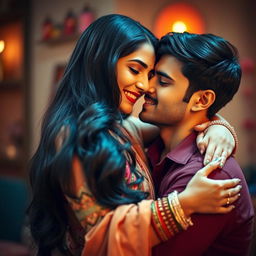A beautiful Indian woman with long black hair and a warm smile, wearing elegant traditional attire, embracing her attractive partner in a romantic setting