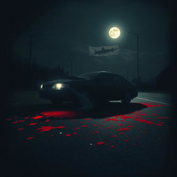 A dramatic and intense scene featuring a car accident at night, where a vehicle has struck a person, depicted in a surreal and artistic manner