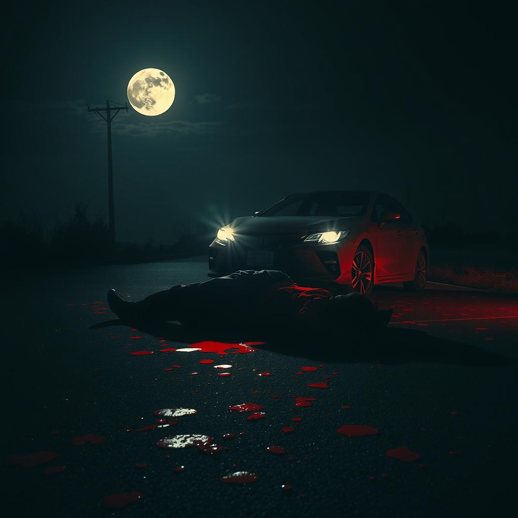 A dramatic and intense scene featuring a car accident at night, where a vehicle has struck a person, depicted in a surreal and artistic manner