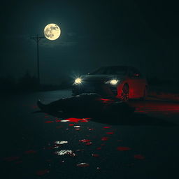 A dramatic and intense scene featuring a car accident at night, where a vehicle has struck a person, depicted in a surreal and artistic manner