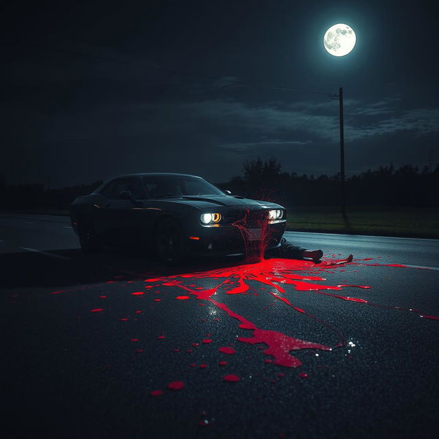 A dramatic and intense scene featuring a car accident at night, where a vehicle has struck a person, depicted in a surreal and artistic manner