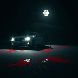 A dramatic and intense scene featuring a car accident at night, where a vehicle has struck a person, depicted in a surreal and artistic manner