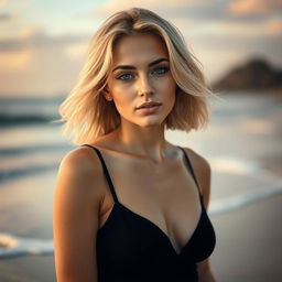 A stunning topless blonde woman with a stylish bob cut, confidently posing in an ethereal atmosphere