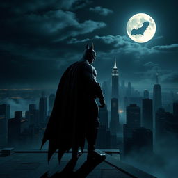 A dark and mysterious Batman standing on a rooftop overlooking a Gotham City skyline at night