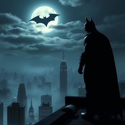A dark and mysterious Batman standing on a rooftop overlooking a Gotham City skyline at night