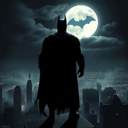 A dark and mysterious Batman standing on a rooftop overlooking a Gotham City skyline at night